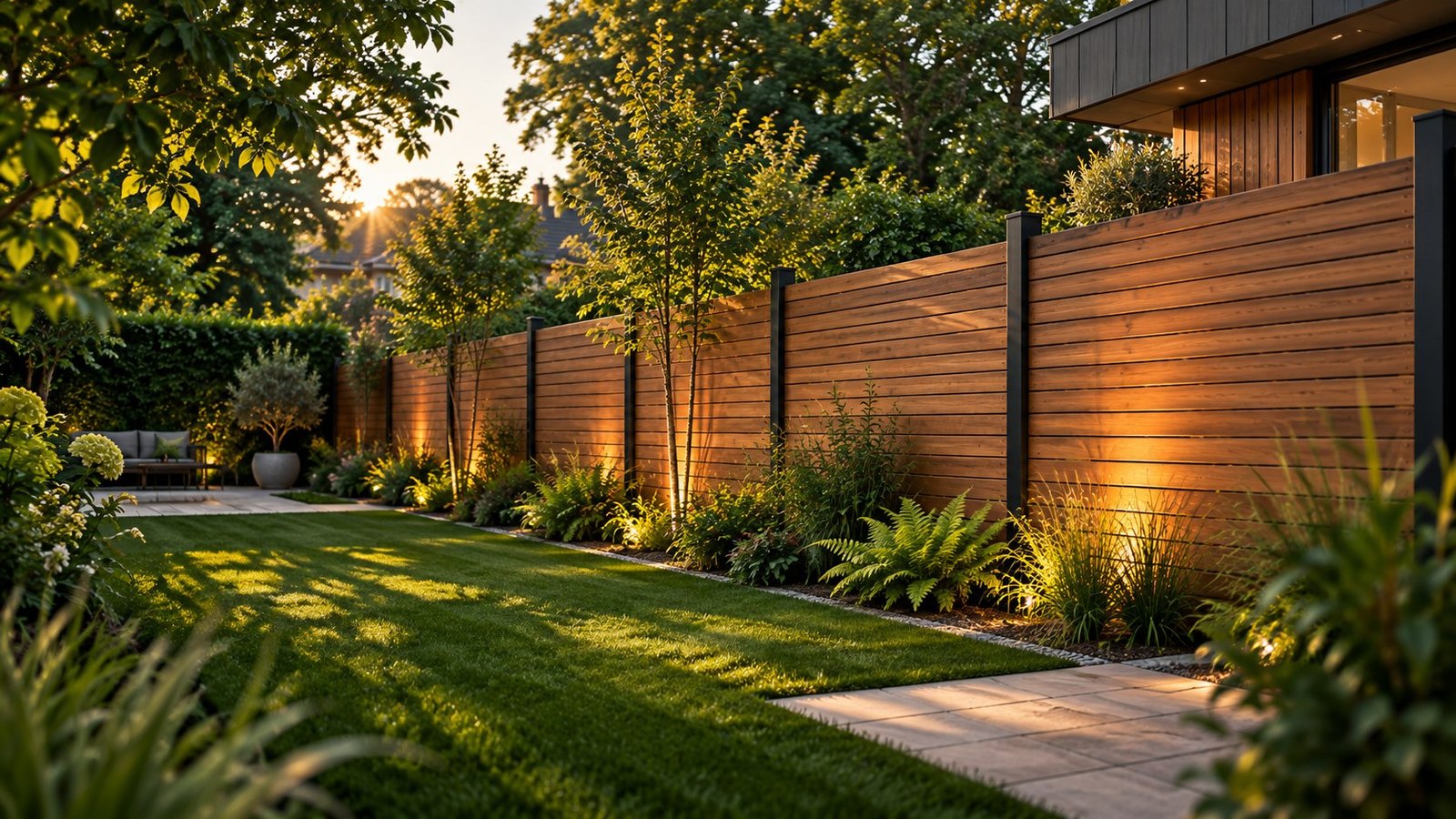 AI-generated illustration of horizontal timber fencing in a landscaped garden.