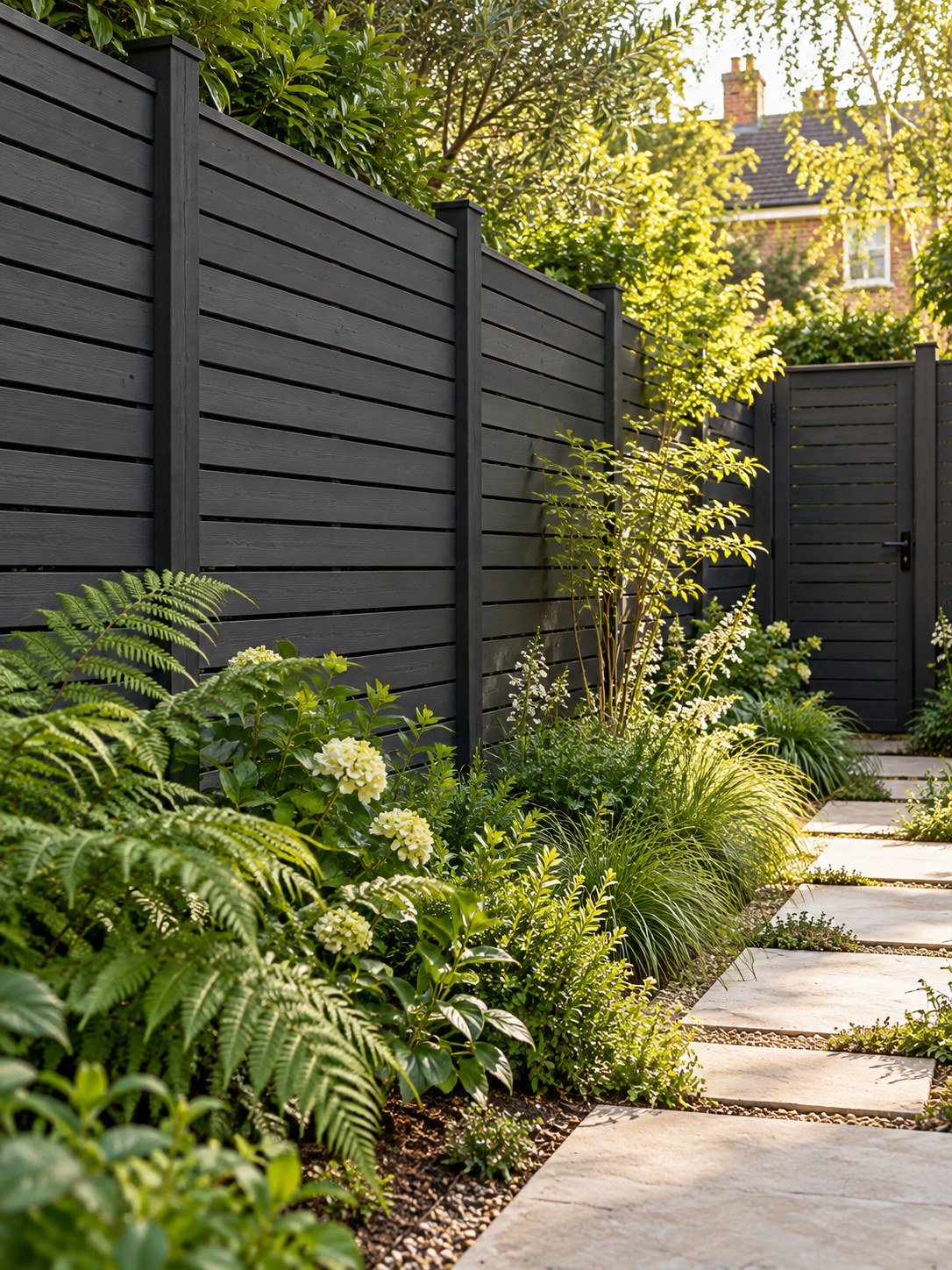AI-generated illustration of charcoal slatted fencing and a garden gate.