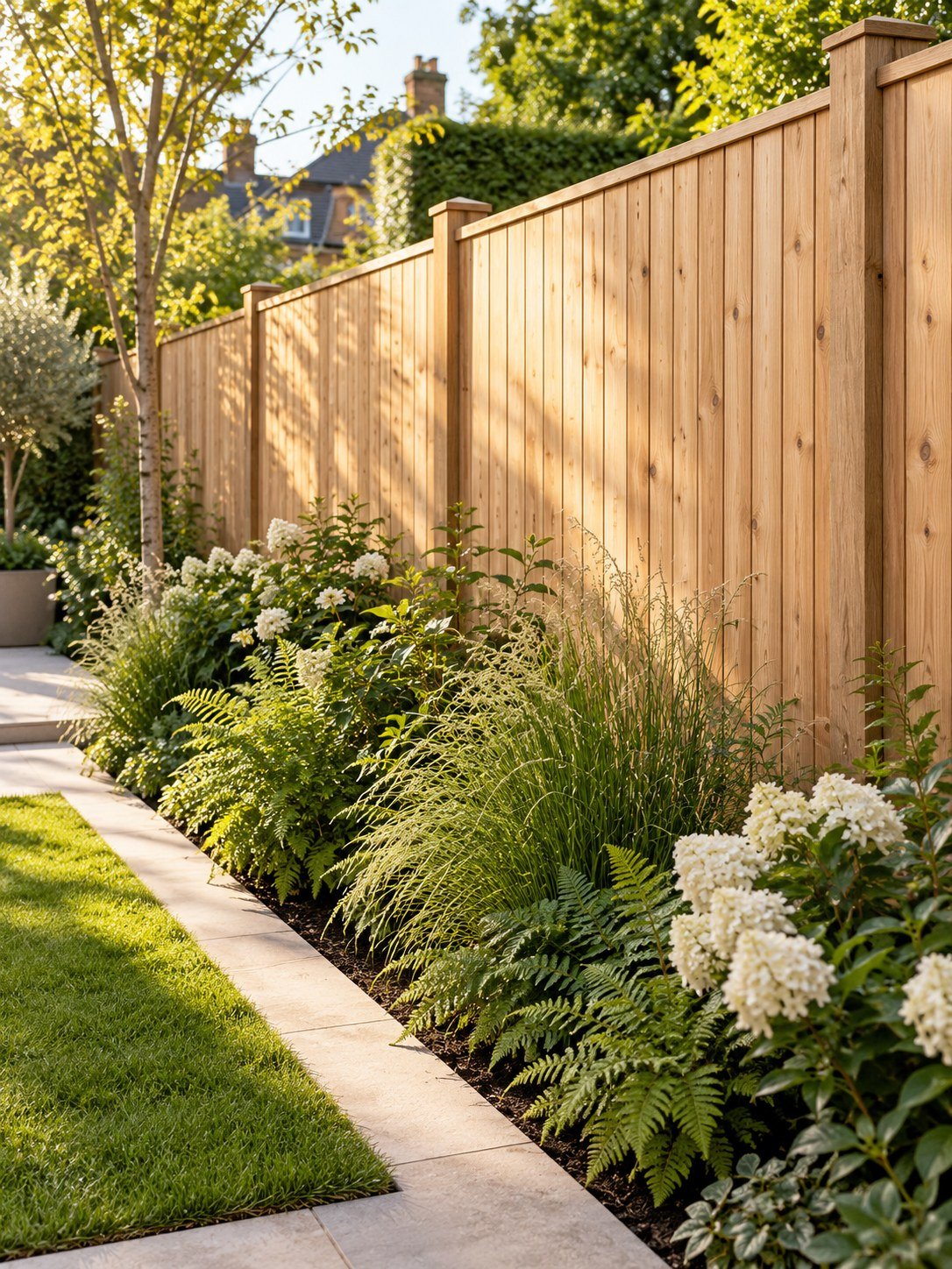 AI-generated illustration of vertical timber garden fencing.